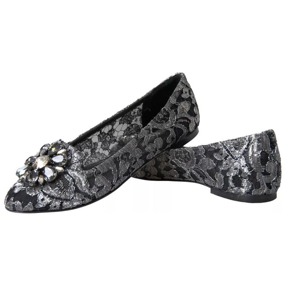 Dolce & Gabbana Gray Black Lace Crystal Ballet Loafers Shoes Dolce & Gabbana