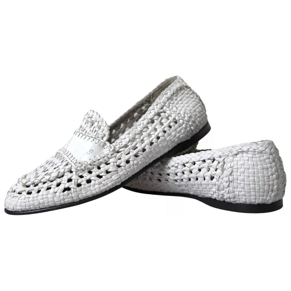 Dolce & Gabbana White Woven Leather Men Slip On Loafers Shoes Dolce & Gabbana