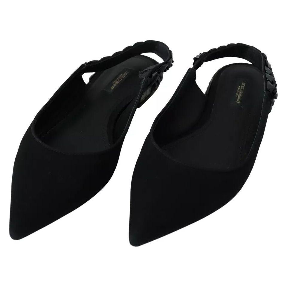 Dolce & Gabbana Black Flats Crystal Slingback Charmeuse Shoes Dolce & Gabbana