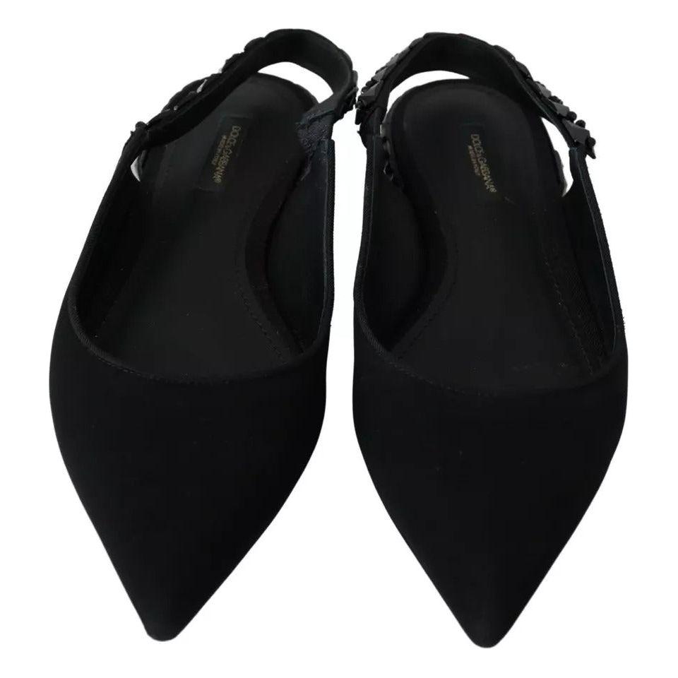 Dolce & Gabbana Black Flats Crystal Slingback Charmeuse Shoes Dolce & Gabbana