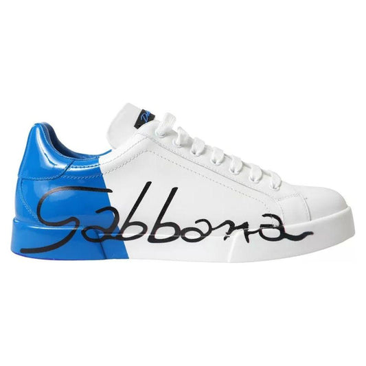 Dolce & Gabbana White Blue Leather Logo Low Top Sneakers Shoes Dolce & Gabbana