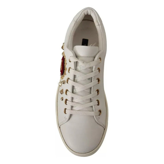 Dolce & Gabbana White Leather Gold Red Heart Sneakers Shoes 1728,67345645728,Dolce & Gabbana,EU36/US5.5,Material: 100% Leather,Preowned / Defect,Shoes,Sneakers - Women - Shoes,White,Women,Women - Shoes Dolce & Gabbana LA9896#2-36