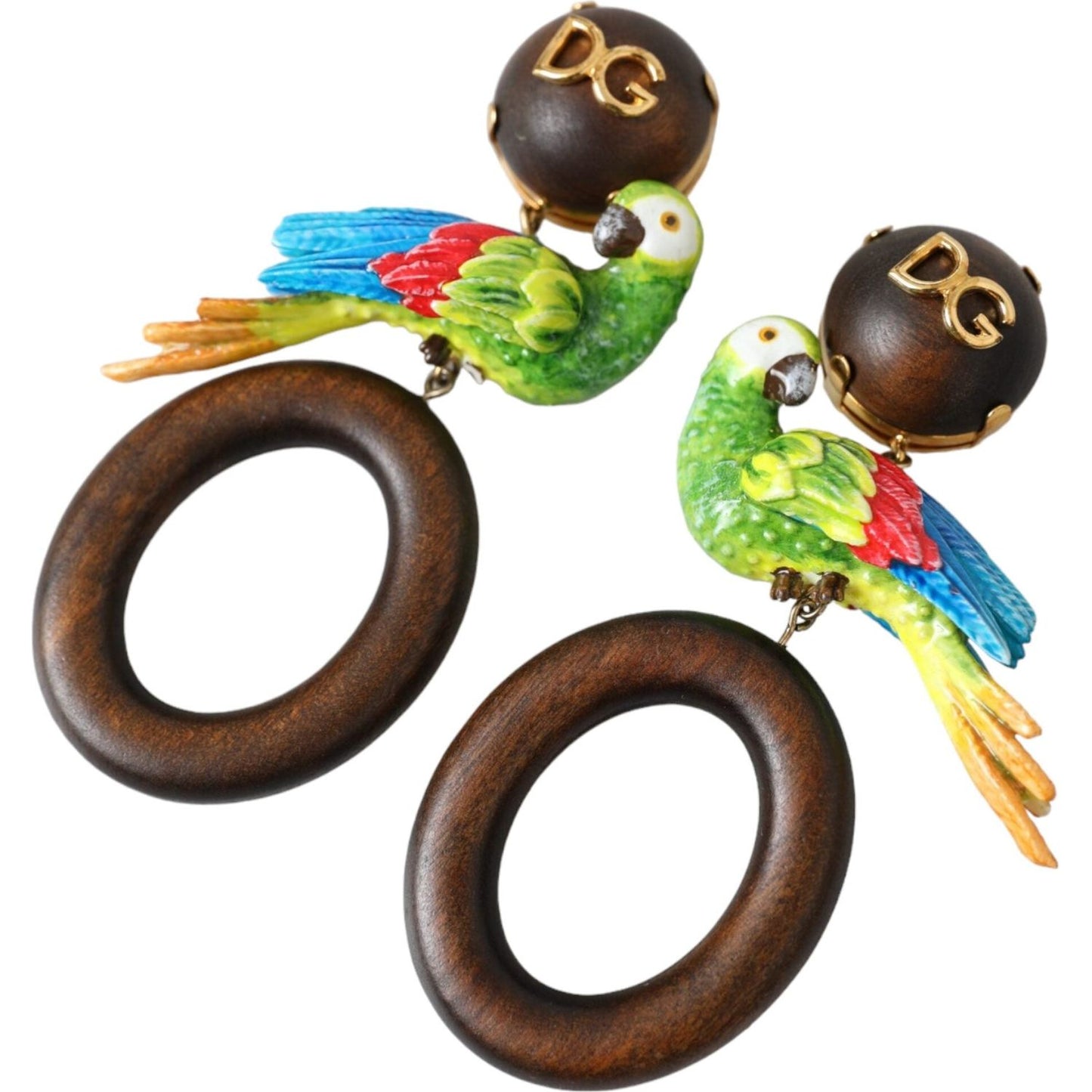 Dolce & Gabbana Multicolor Parrot Wood Brass Crystal Embellished Earring Earrings Dolce & Gabbana