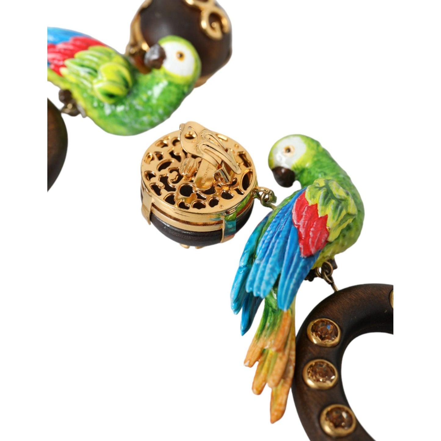 Dolce & Gabbana Multicolor Parrot Wood Brass Crystal Embellished Earring Earrings Dolce & Gabbana