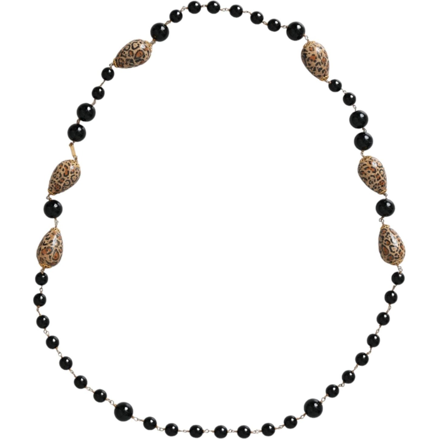 Dolce & Gabbana Gold Tone Brass Black Printed Beaded Long Chain Necklace Necklace Dolce & Gabbana