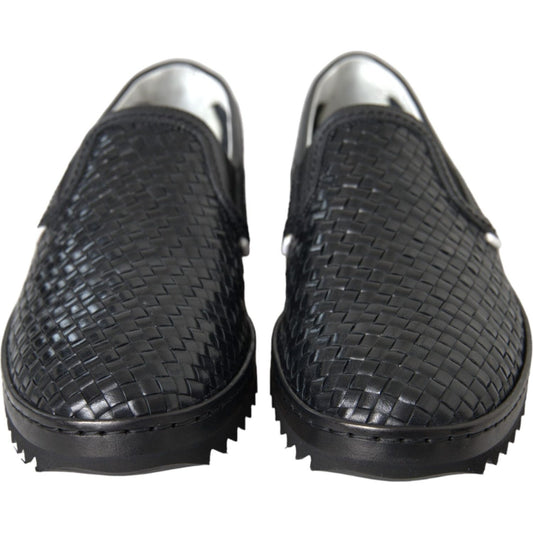 Black Woven Buffalo Leather Men Loafers Shoes