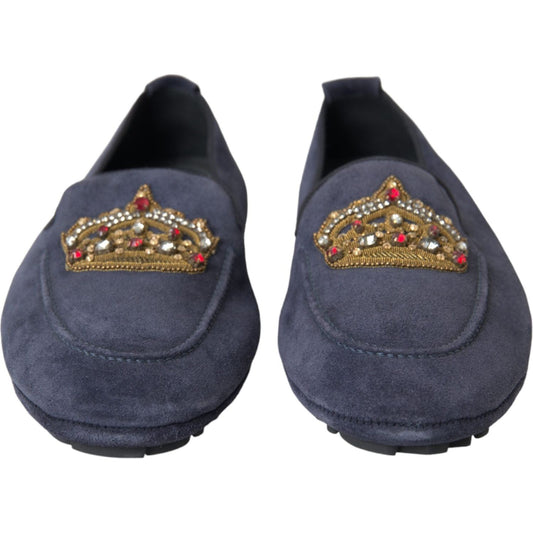 Dolce & Gabbana Blue Leather Suede Crystal Crown Loafers Shoes Dolce & Gabbana