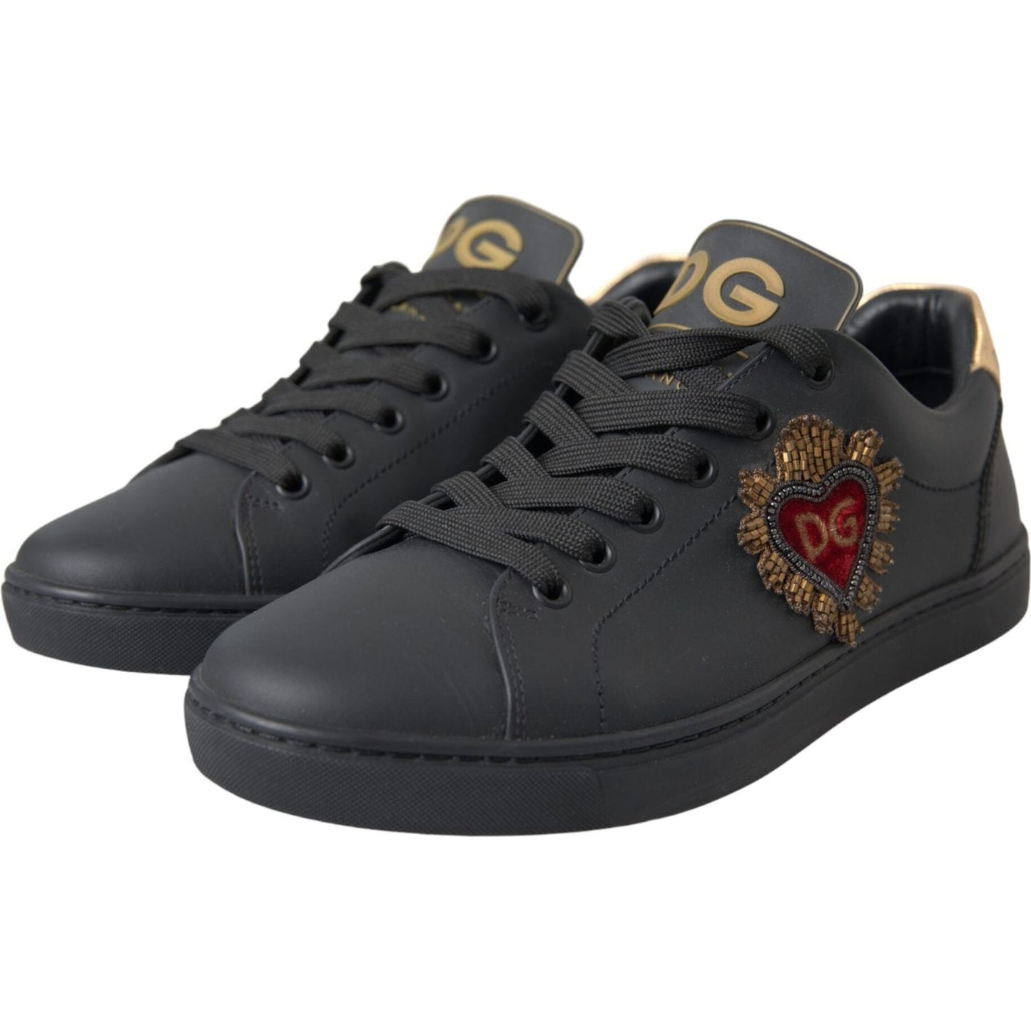 Dolce & Gabbana Black Leather Heart Embellished Sneakers Shoes Dolce & Gabbana