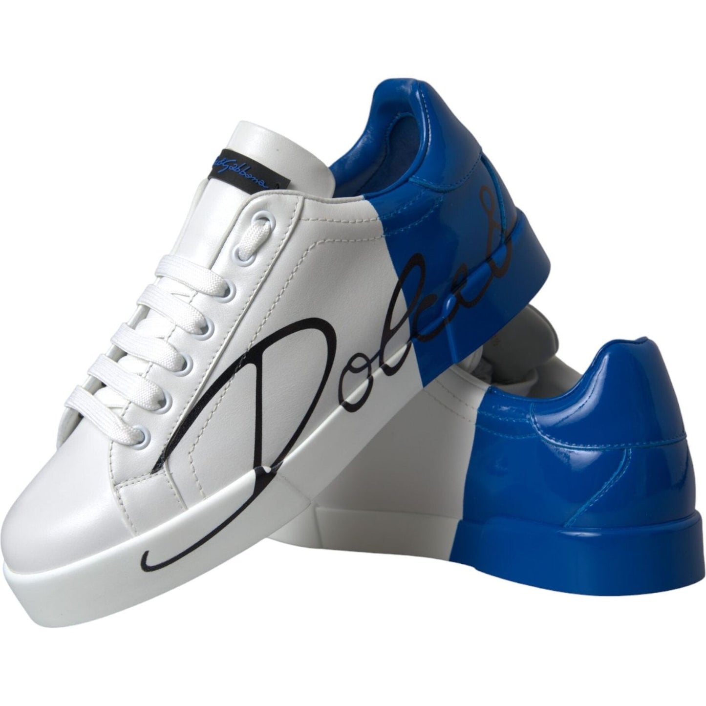 Dolce & Gabbana White Blue Leather Logo Low Top Sneakers Shoes Dolce & Gabbana