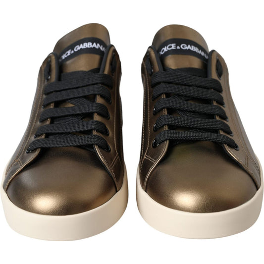 Dolce & Gabbana Gold Black Portofino Calf Leather Sneakers Shoes Dolce & Gabbana