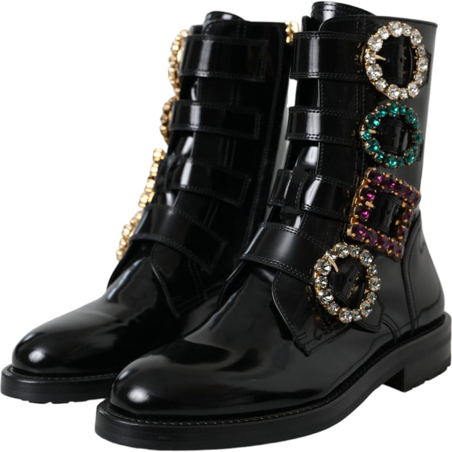 Dolce & Gabbana Black Leather Crystal Buckles Boots Shoes Dolce & Gabbana