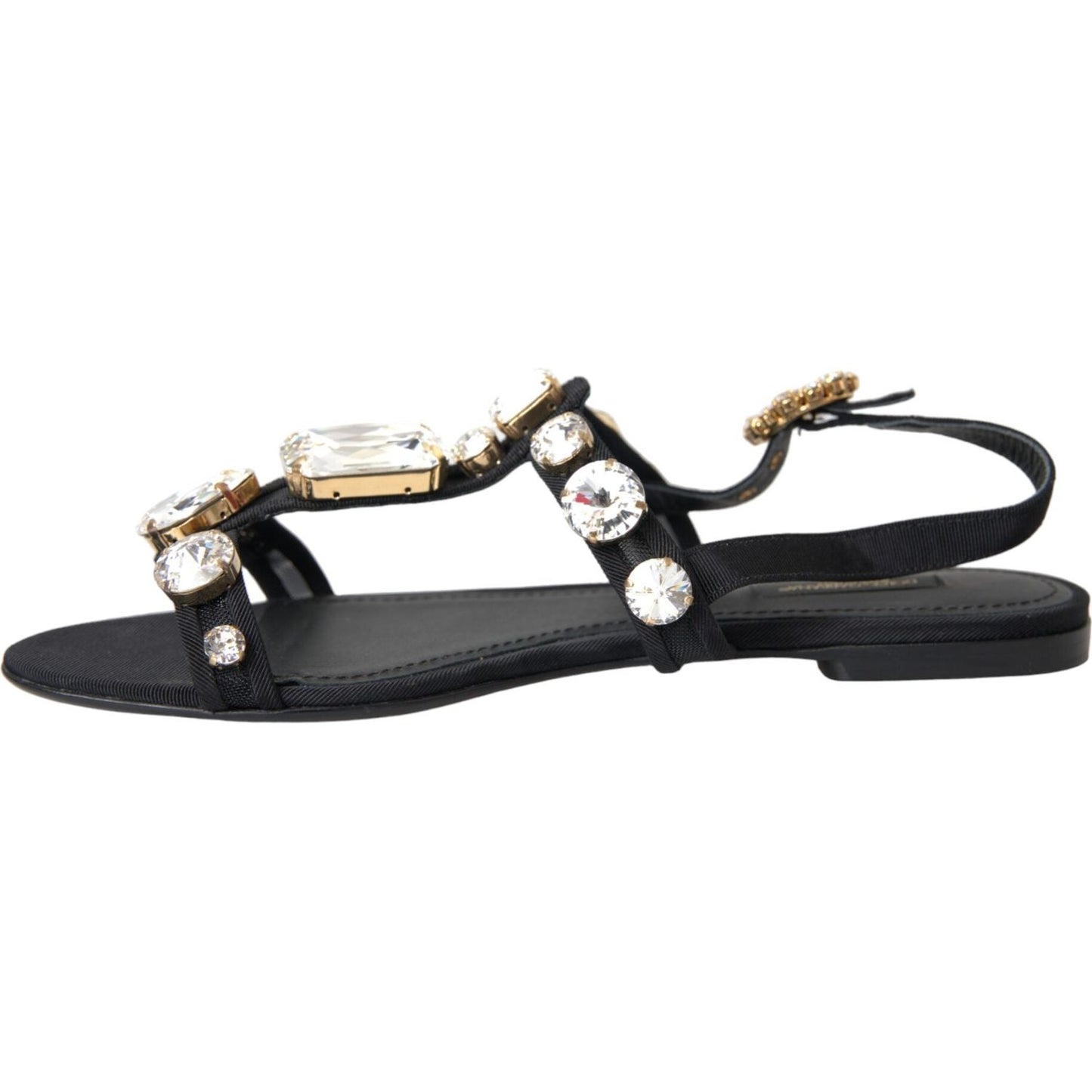 Dolce & Gabbana Black Leather Crystal Flats Sandals Shoes Dolce & Gabbana