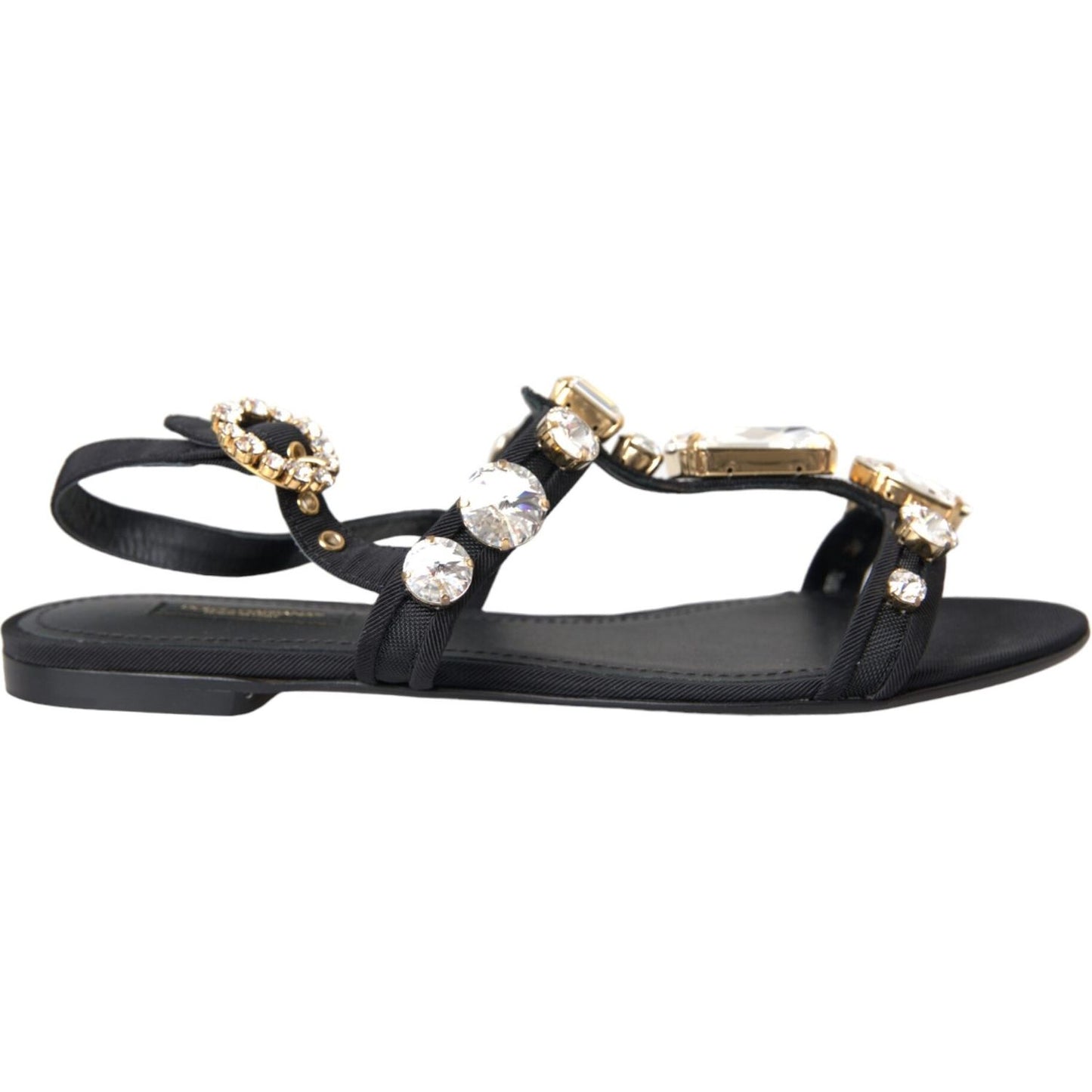 Dolce & Gabbana Black Leather Crystal Flats Sandals Shoes Dolce & Gabbana