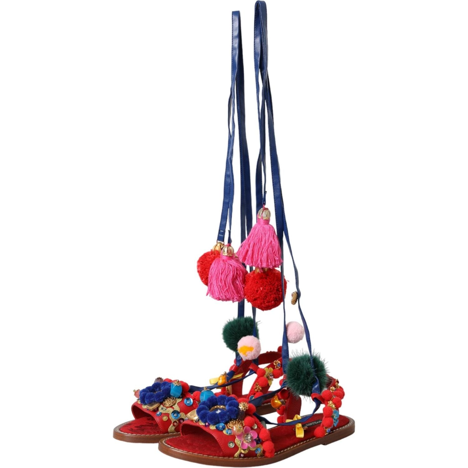Dolce & Gabbana Multicolor Pom Pom Fur Wrap Sandals Shoes