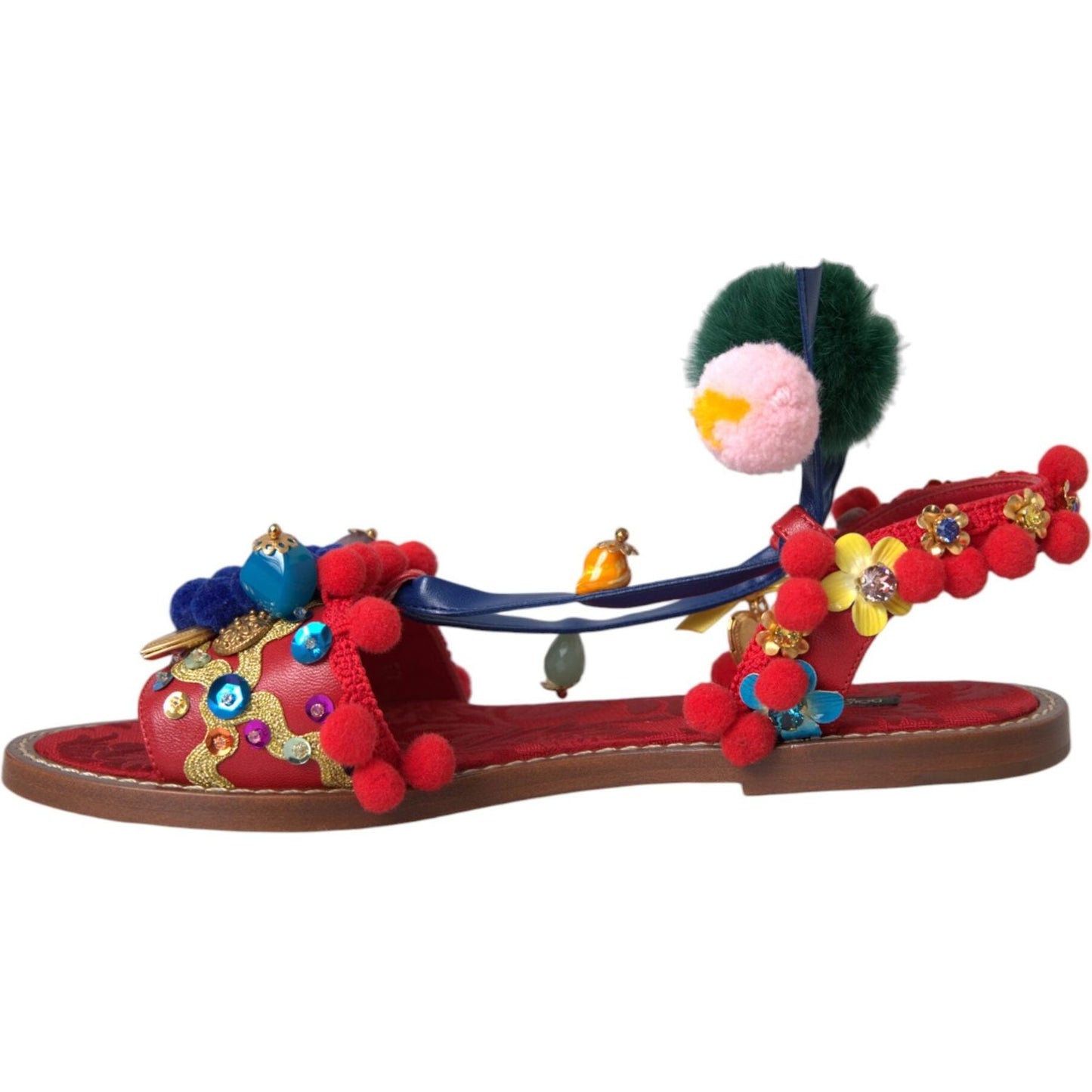 Dolce & Gabbana Multicolor Pom Pom Fur Wrap Sandals Shoes Dolce & Gabbana