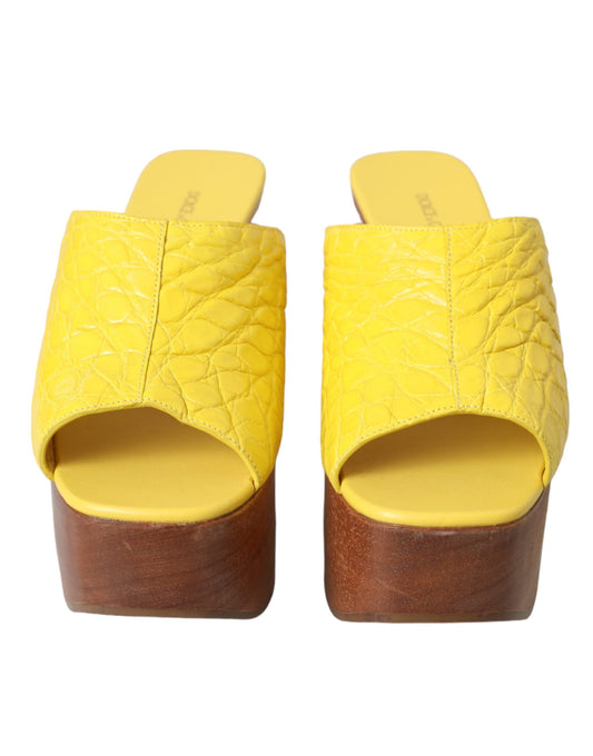 Dolce & Gabbana Yellow Leather Wood Mule Wedge Slides Shoes Dolce & Gabbana