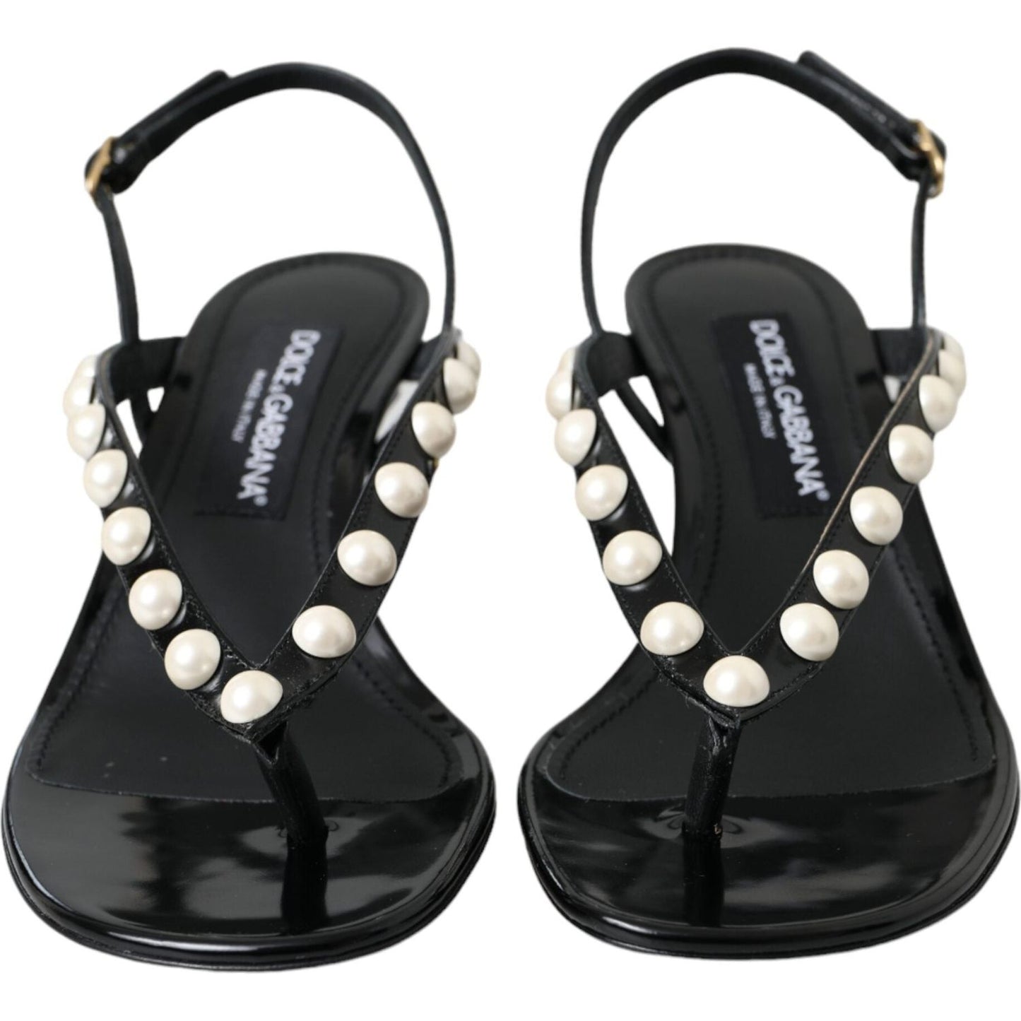 Dolce & Gabbana Black Leather Faux Pearl Heel Sandals Shoes Dolce & Gabbana