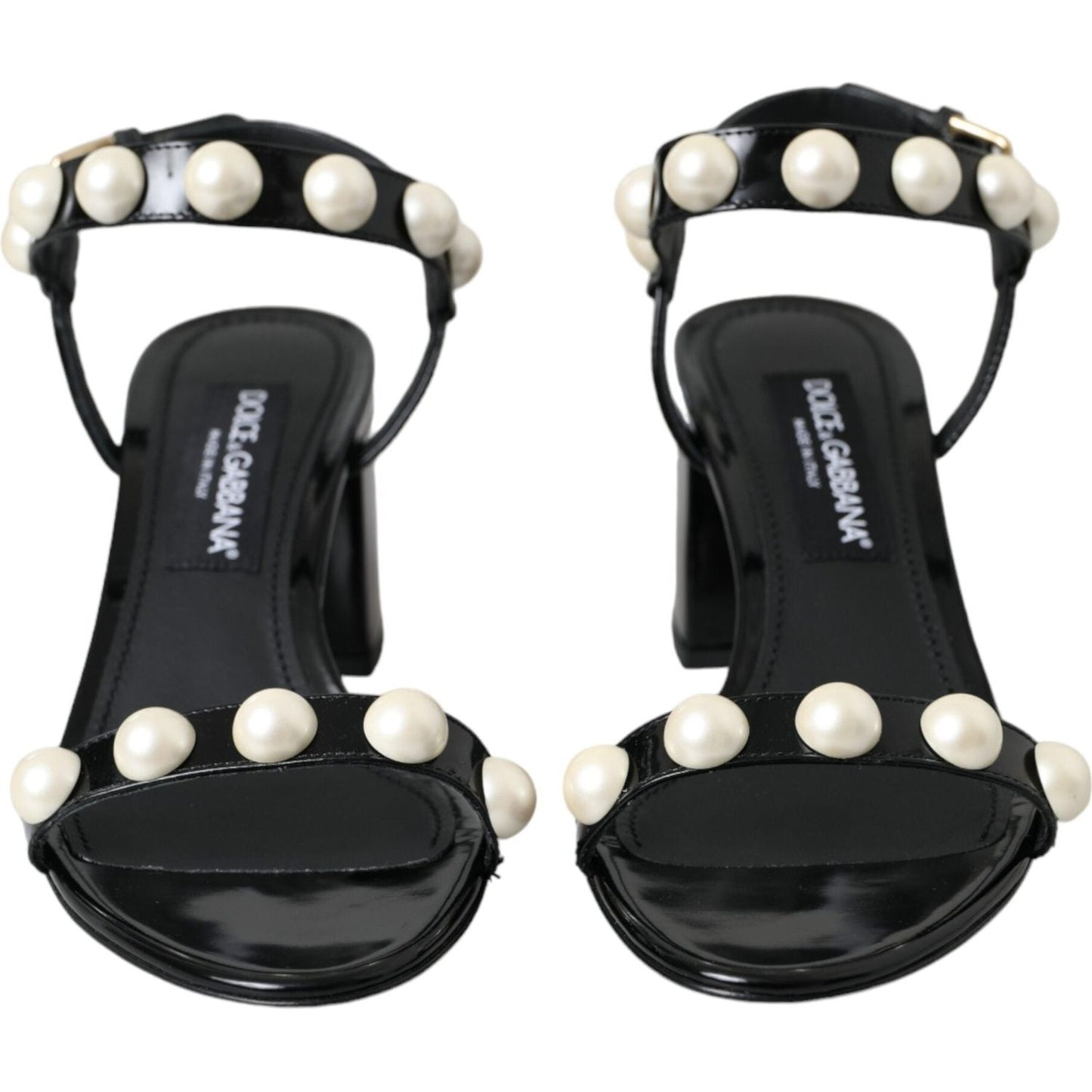 Dolce & Gabbana Black Leather Faux Pearl Heel Sandals Shoes Dolce & Gabbana