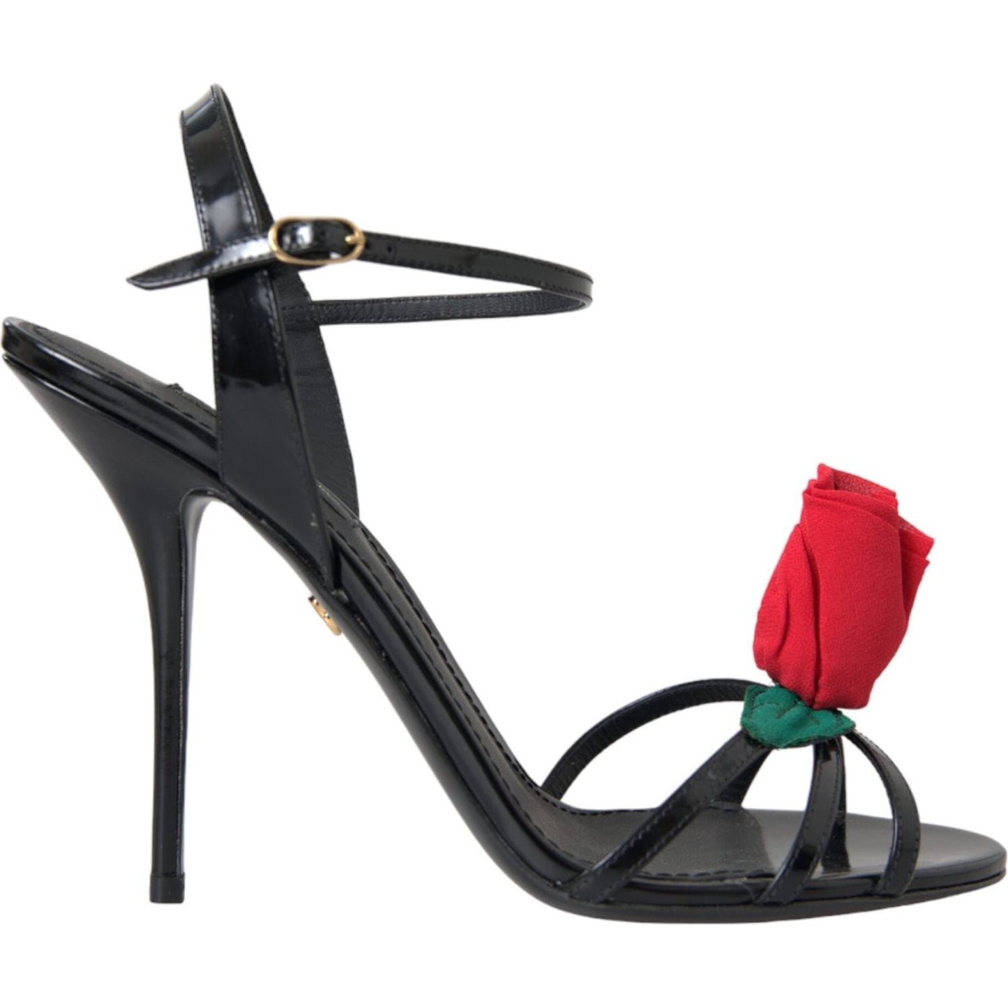 Dolce & Gabbana Black Leather Rose Ankle Strap Heels Sandals Shoes Dolce & Gabbana