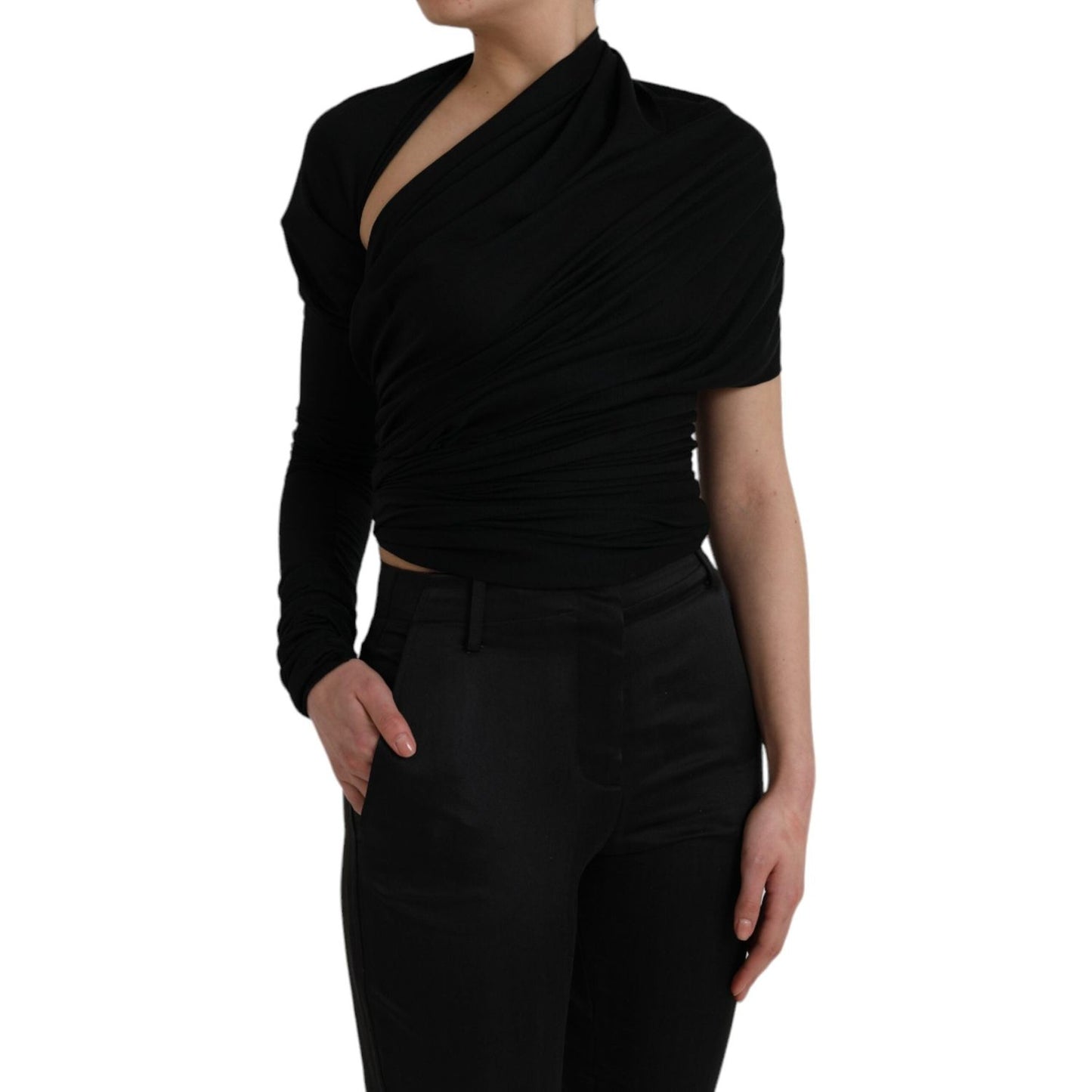 Dolce & Gabbana Black Wool Cutout Asymmetric Long Sleeve Top Dolce & Gabbana