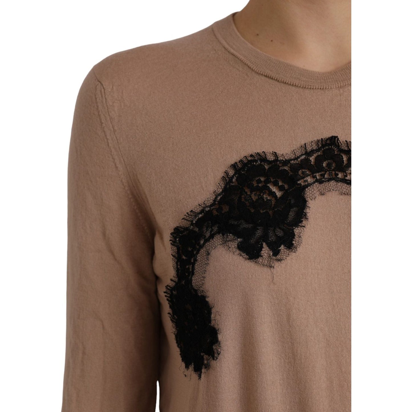 Dolce & Gabbana Brown Wool Black Lace 3/4 Sleeve Blouse Top Dolce & Gabbana