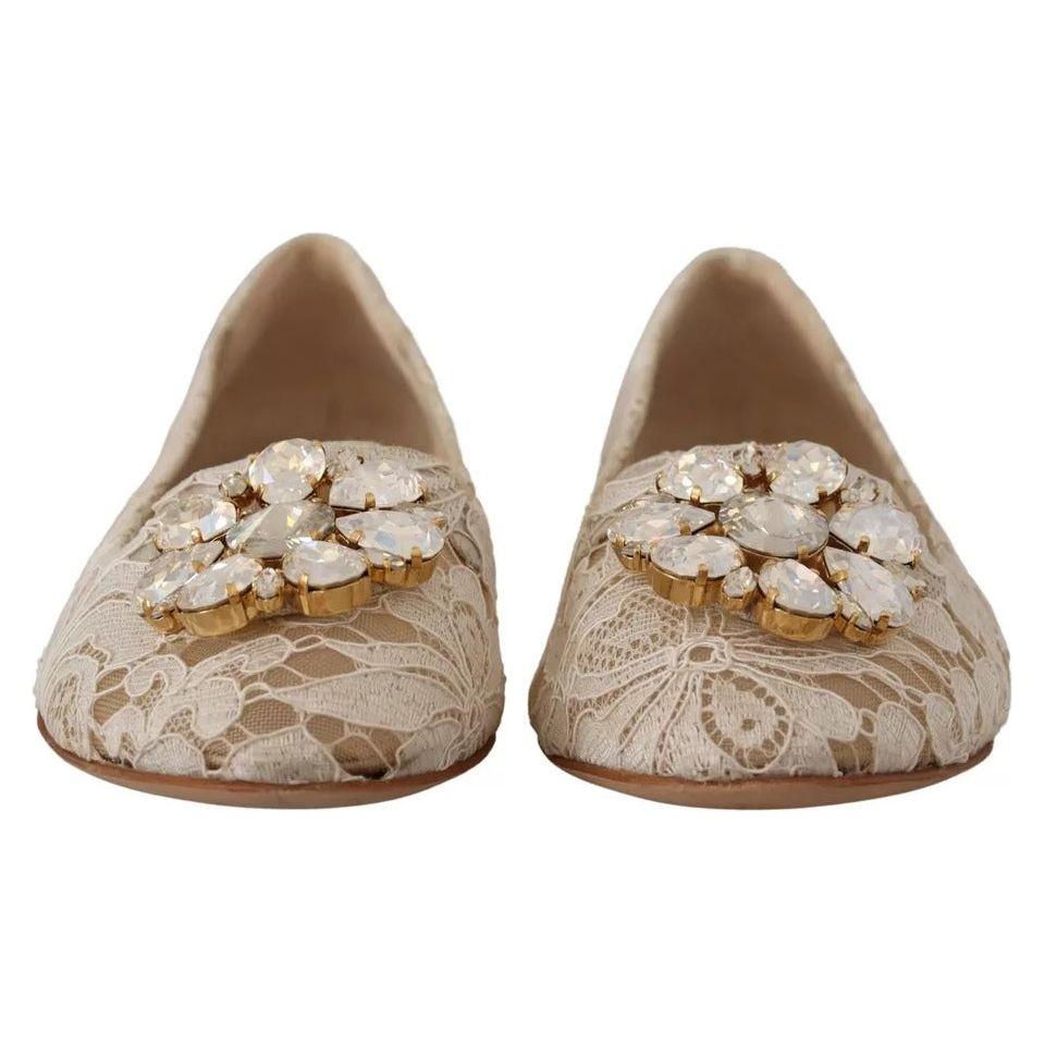 Dolce & Gabbana Beige Lace Crystal Ballet Flats Loafers Shoes Dolce & Gabbana