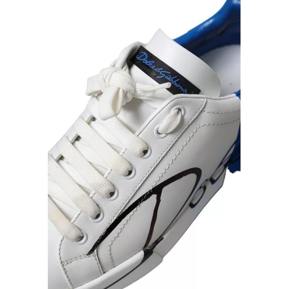 Dolce & Gabbana White Blue Leather Logo Low Top Sneakers Men Shoes Dolce & Gabbana