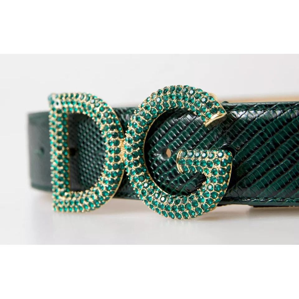 Dolce & Gabbana Green Iguana Leather DG Crystal Gold Buckle Belt Dolce & Gabbana