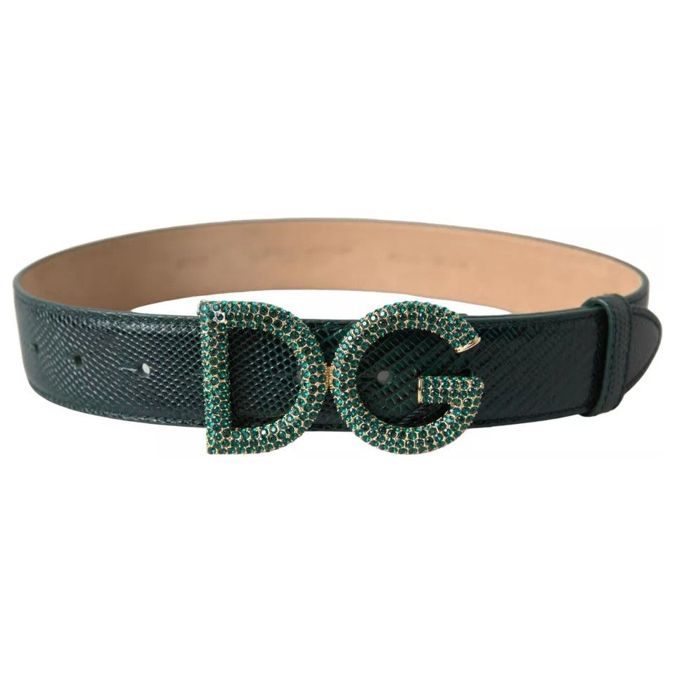 Dolce & Gabbana Green Iguana Leather DG Crystal Gold Buckle Belt Dolce & Gabbana