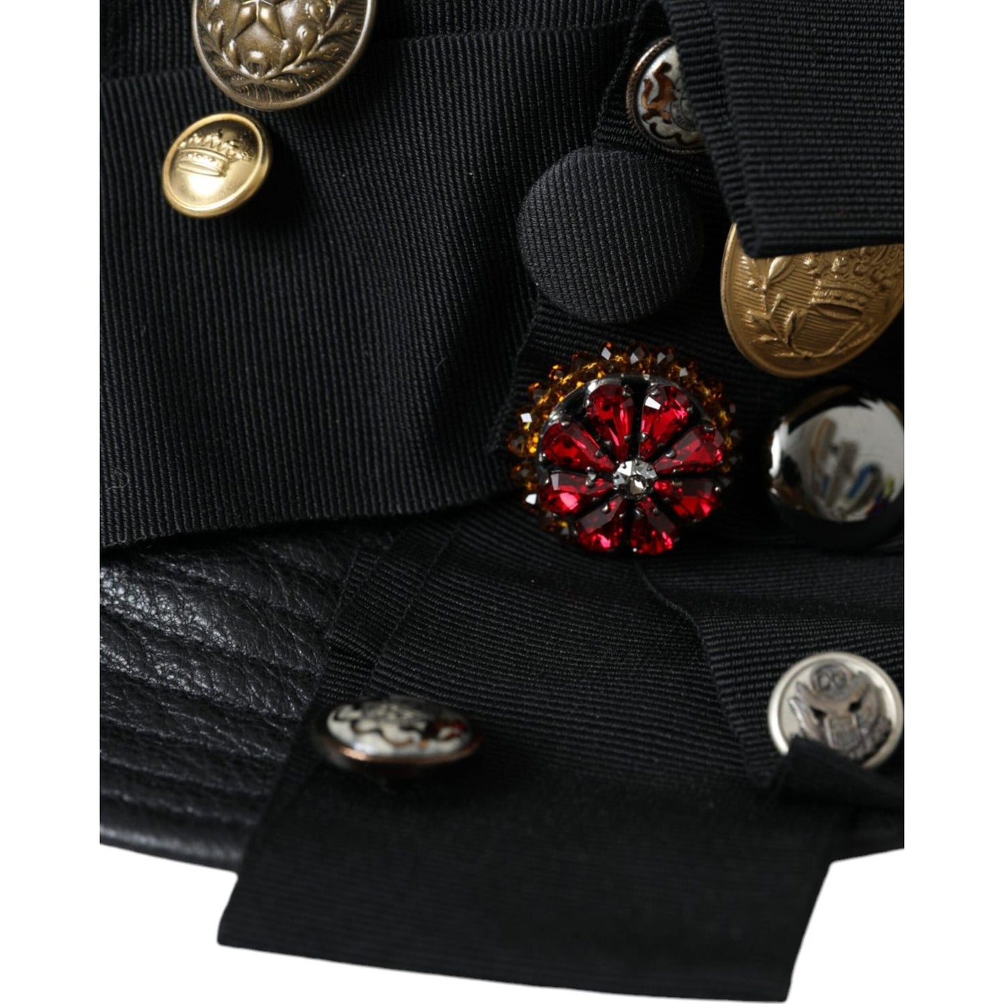 Dolce & Gabbana Black Leather DG Coin Crystal Wide Brim Hat Dolce & Gabbana