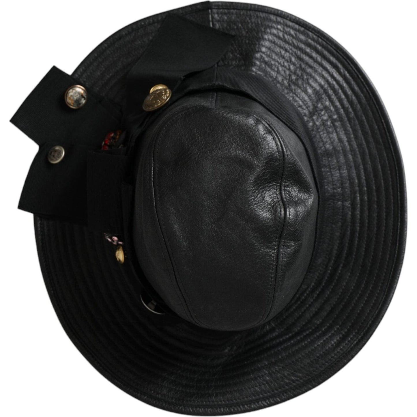 Dolce & Gabbana Black Leather DG Coin Crystal Wide Brim Hat Dolce & Gabbana