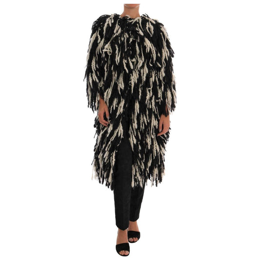 Dolce & Gabbana Black and White Fringed Wool Coat Jacket Coats & Jackets Dolce & Gabbana