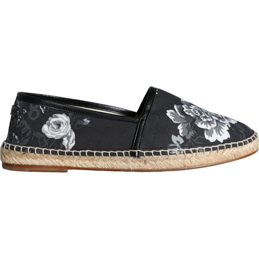 Dolce & Gabbana Black Floral Cotton Leather Espadrilles Shoes Dolce & Gabbana