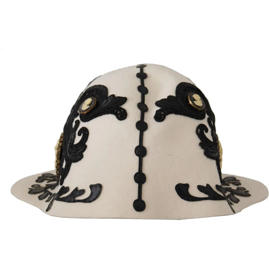 Dolce & Gabbana White Black Wool Embroidered Cameo Brooch Hat Dolce & Gabbana