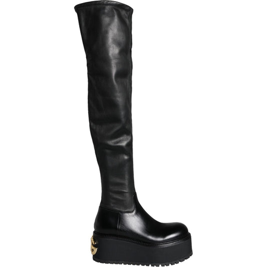 Dolce & Gabbana Black Leather Logo Knee High Boots Shoes Dolce & Gabbana