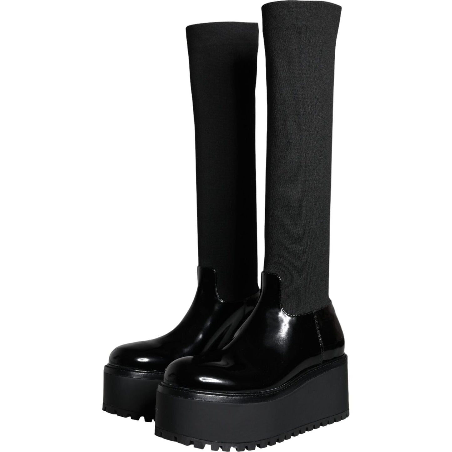 Dolce & Gabbana Black Leather Jersey Knee High Boots Shoes Dolce & Gabbana