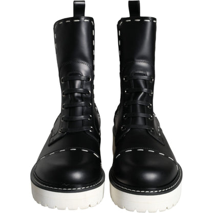Dolce & Gabbana Black Leather Combat Mid Calf Boots Shoes