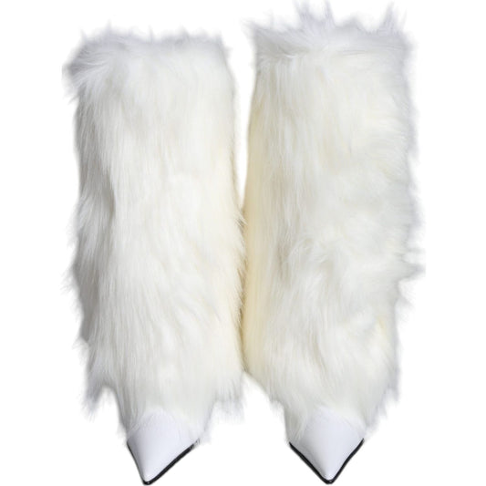 Dolce & Gabbana White Fur Leather Heels Mid Calf Boots Shoes Dolce & Gabbana