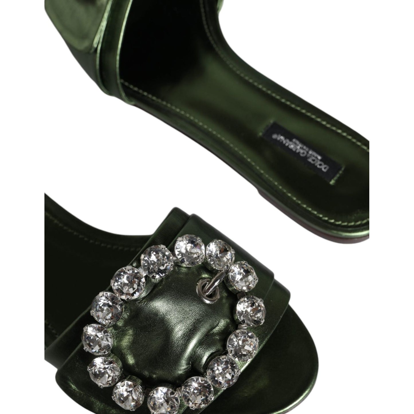 Dolce & Gabbana Metallic Green Crystal Leather Flats Sandals Shoes Dolce & Gabbana