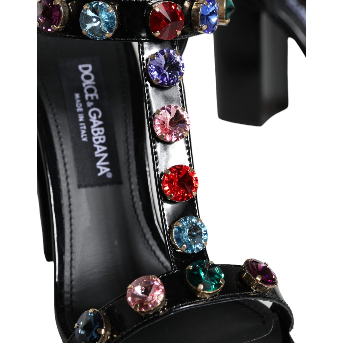 Dolce & Gabbana Black Crystal Leather T-strap Sandals Shoes Dolce & Gabbana