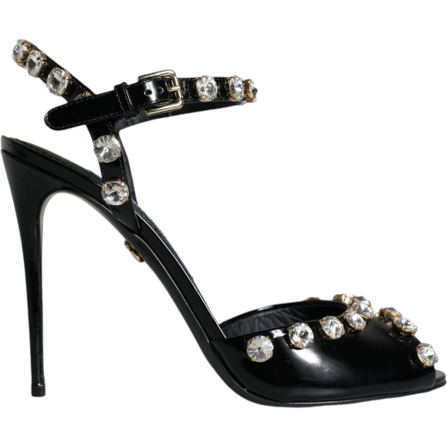 Dolce & Gabbana Black Leather Crystal Ankle Strap Sandals Shoes Dolce & Gabbana