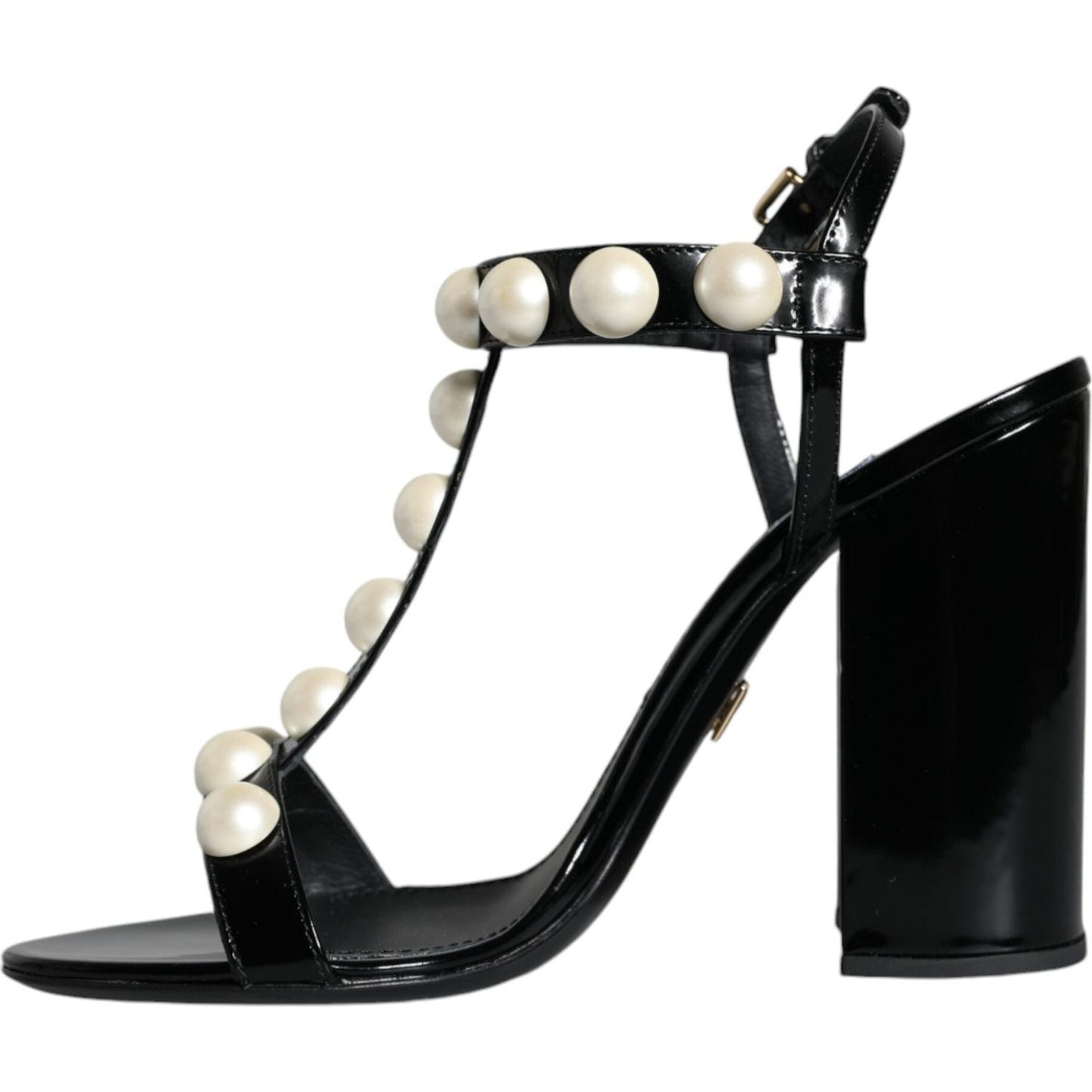 Dolce & Gabbana Black Leather Pearls T-strap Sandals Shoes Dolce & Gabbana