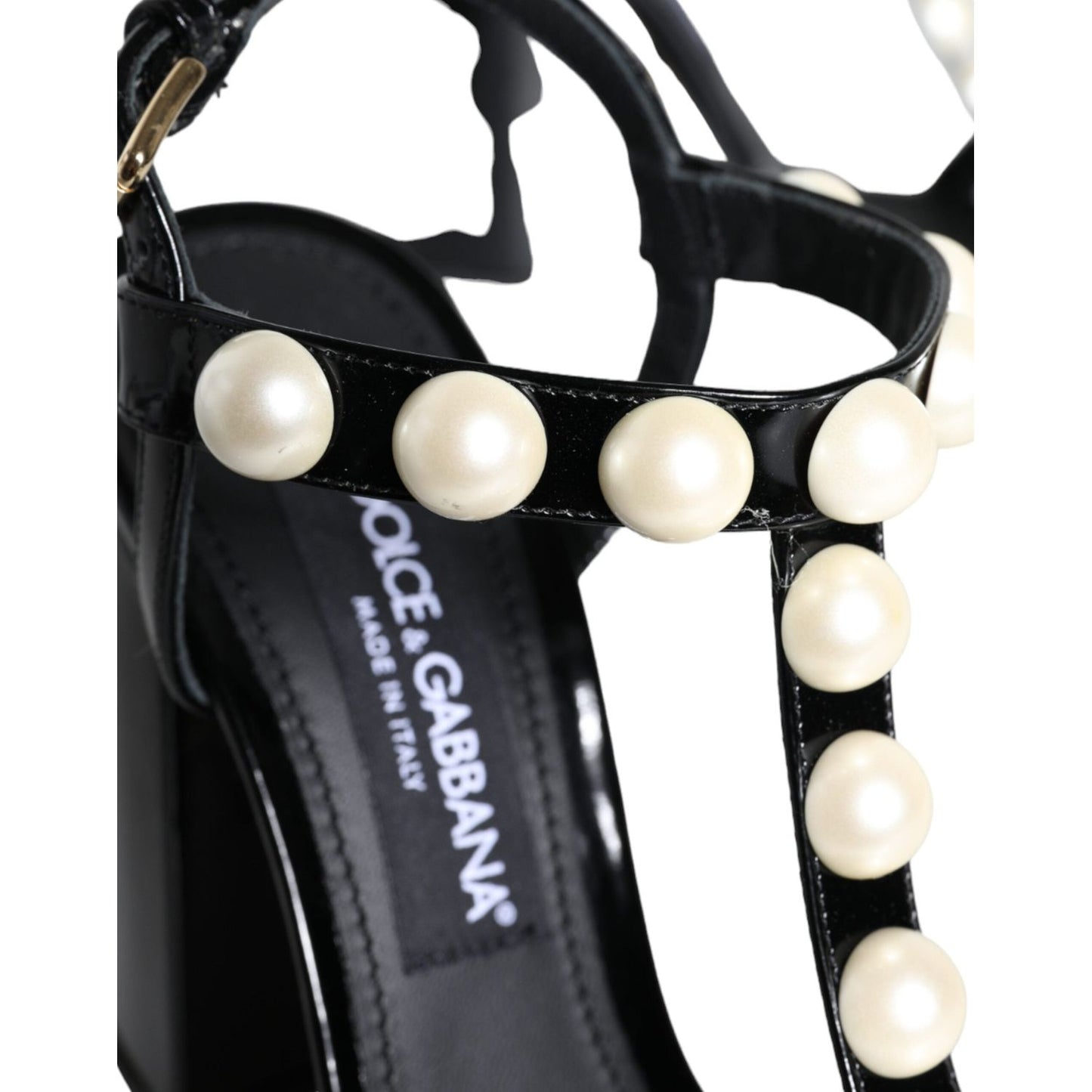 Dolce & Gabbana Black Leather Pearls T-strap Sandals Shoes Dolce & Gabbana