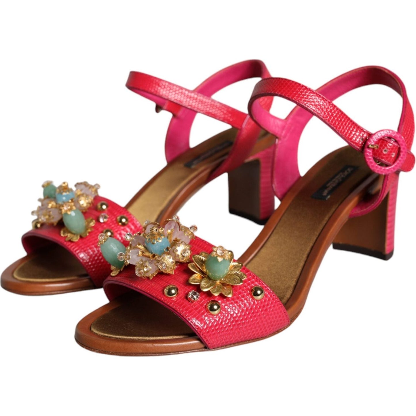 Dolce & Gabbana Fuchsia Leather Embellished Keira Sandals Shoes Dolce & Gabbana