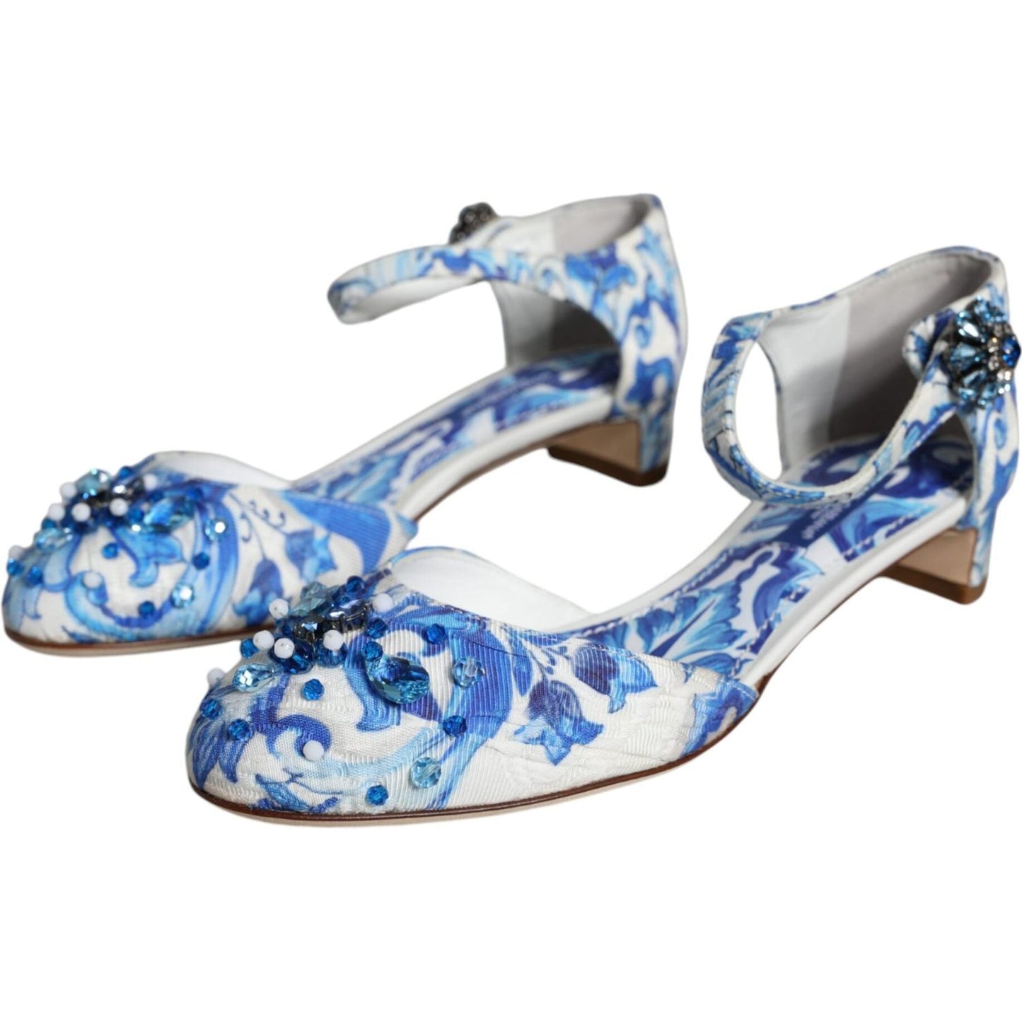 Dolce & Gabbana White Blue Majolica Print Ankle Strap Sandals Shoes Dolce & Gabbana