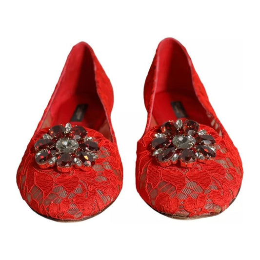 Dolce & Gabbana Red Lace Crystal Ballet Flats Loafers Shoes Dolce & Gabbana