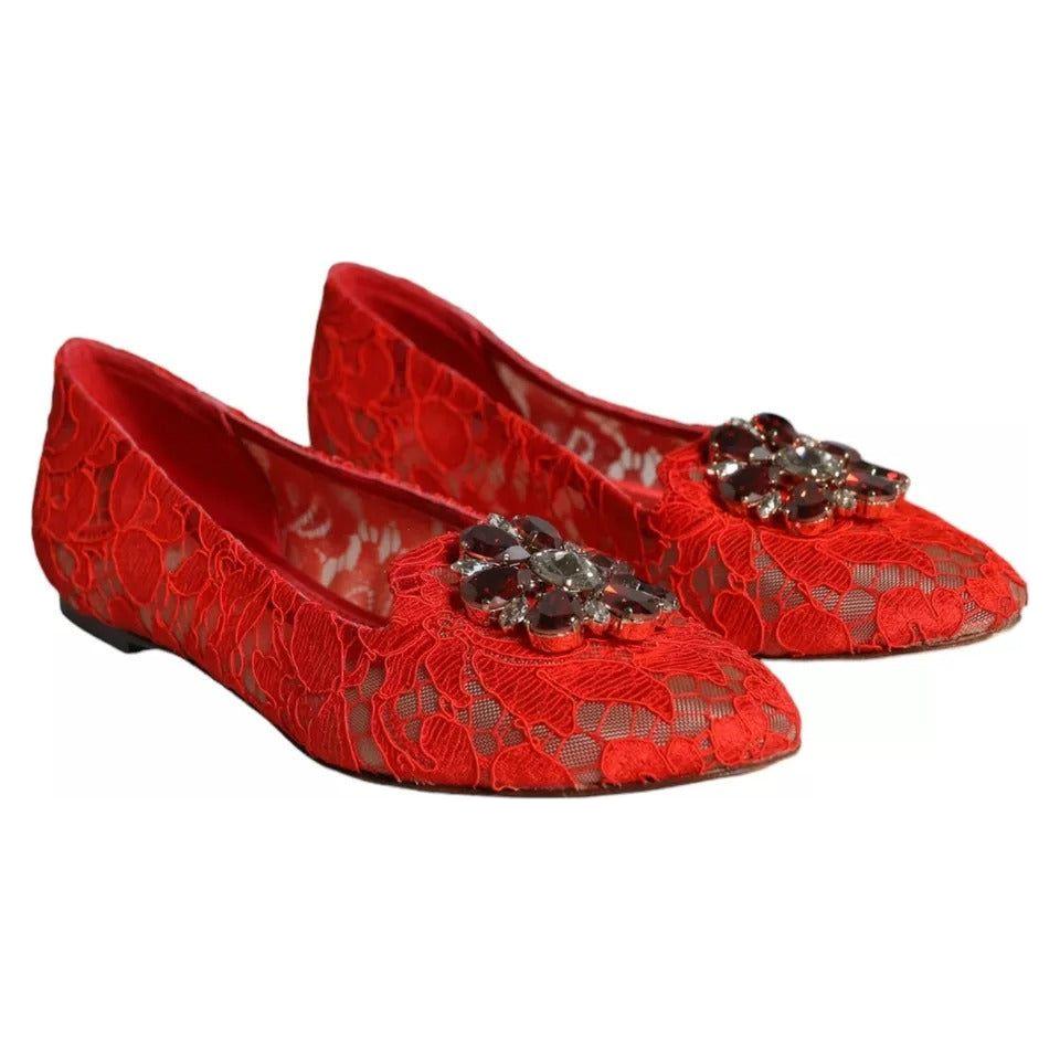 Dolce & Gabbana Red Lace Crystal Ballet Flats Loafers Shoes Dolce & Gabbana