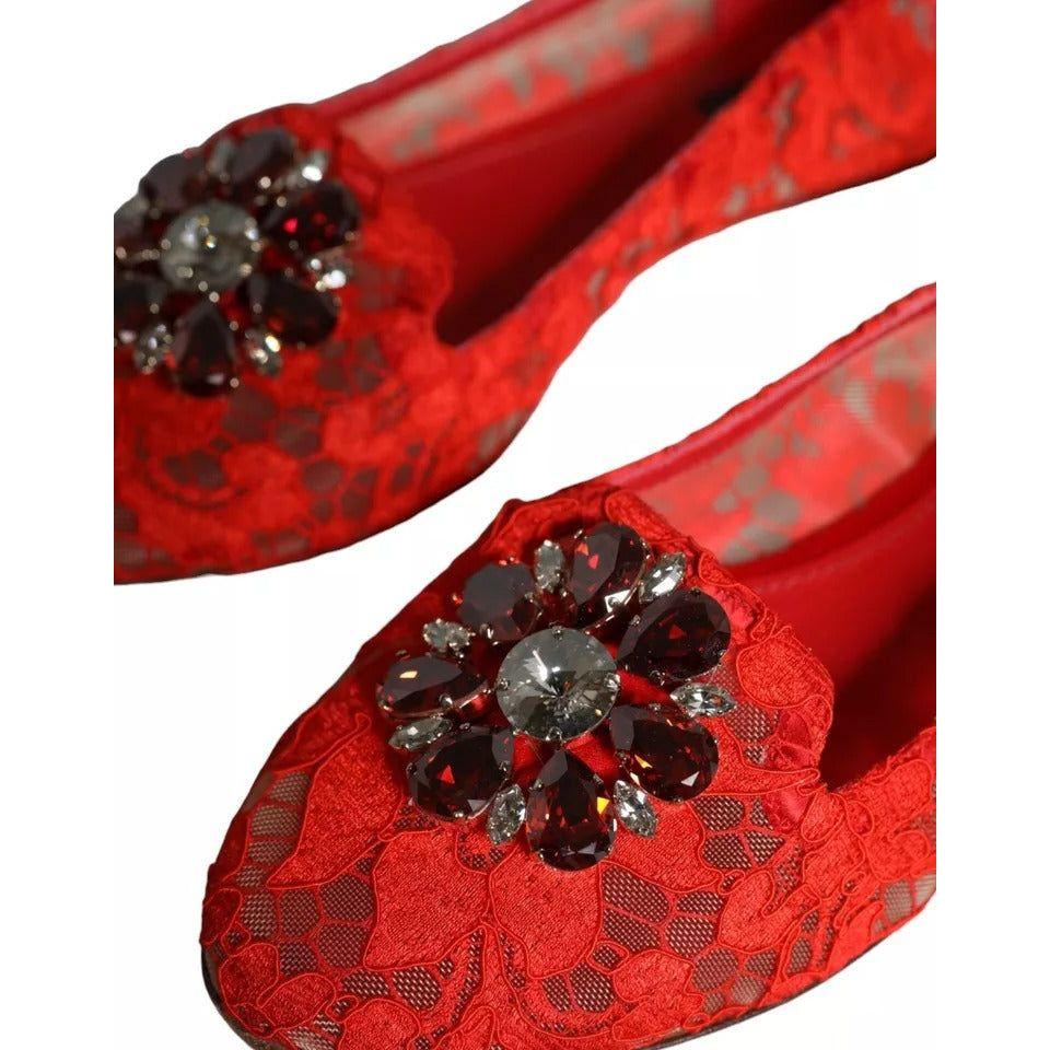 Dolce & Gabbana Red Lace Crystal Ballet Flats Loafers Shoes Dolce & Gabbana