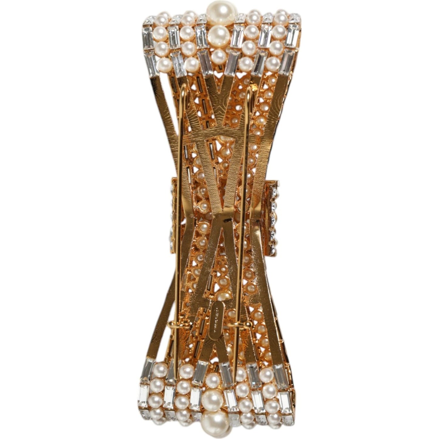 Dolce & Gabbana Gold Tone Brass Bow Crystal FauxPearl Embellished Brooch Brooch Dolce & Gabbana