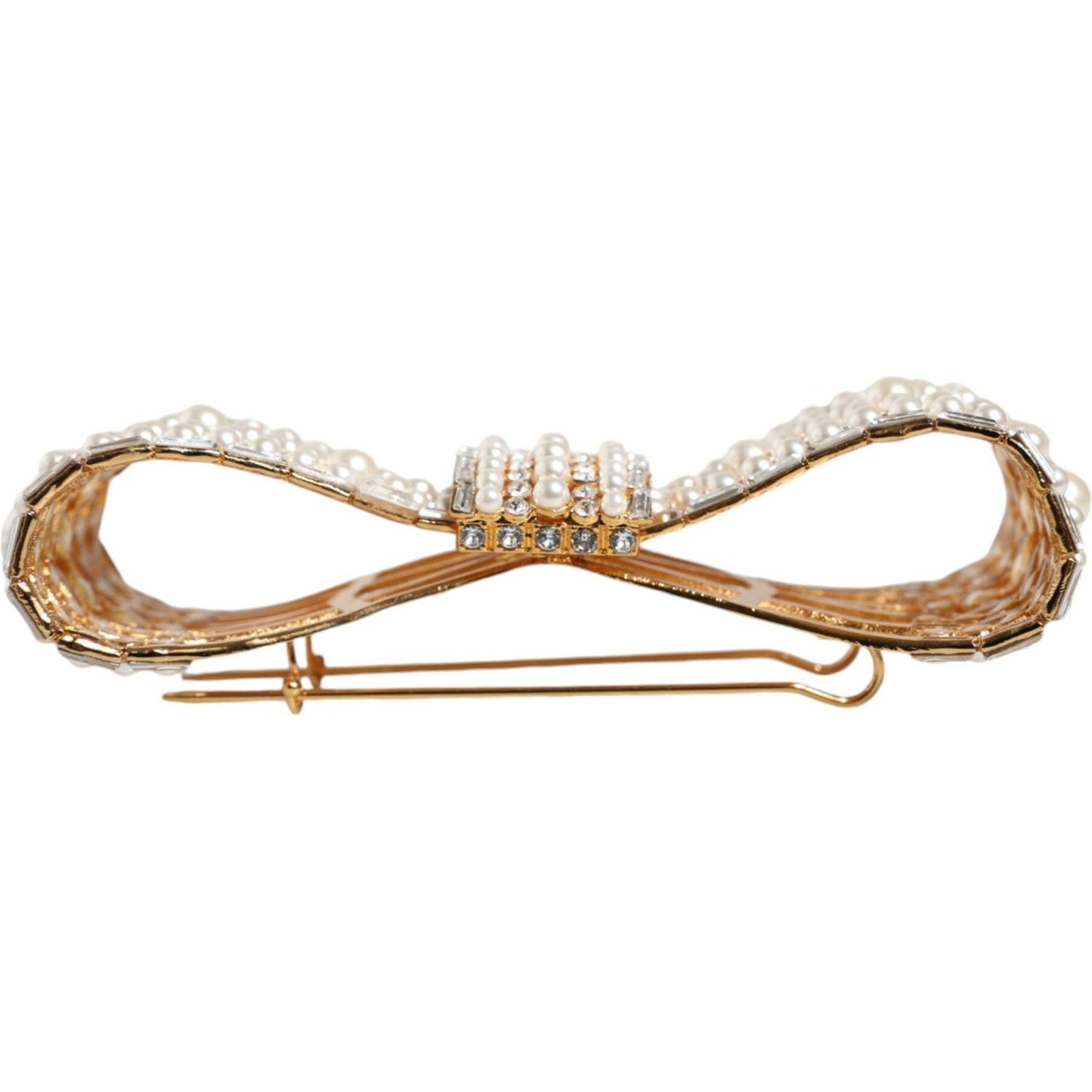 Dolce & Gabbana Gold Tone Brass Bow Crystal FauxPearl Embellished Brooch Brooch Dolce & Gabbana